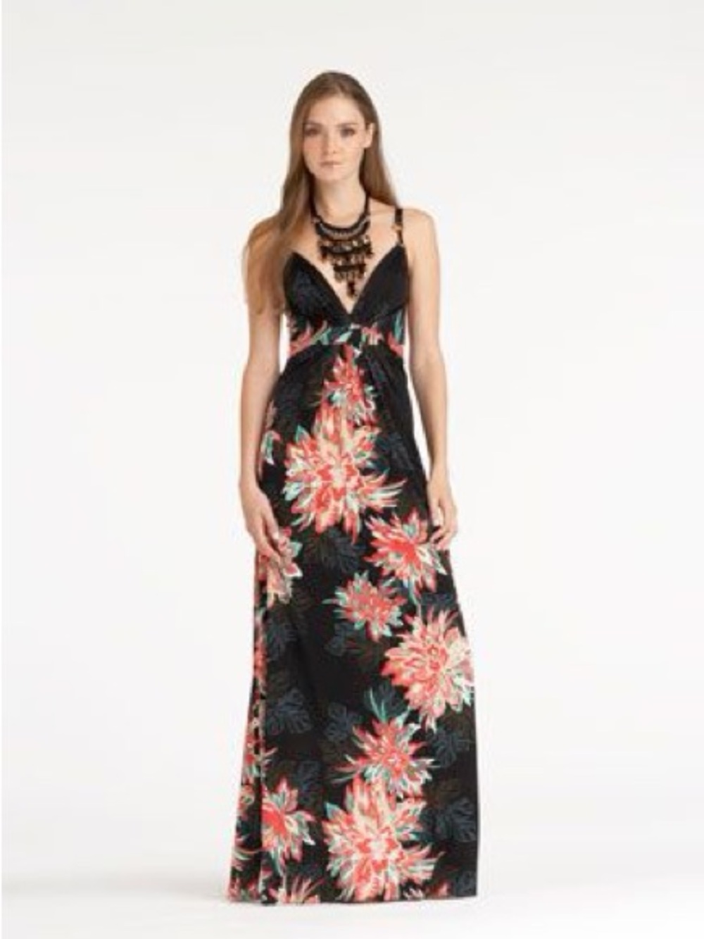 Elie Tahari Black Silk Blend Maxi Dress with Coral and Teal Floral Print